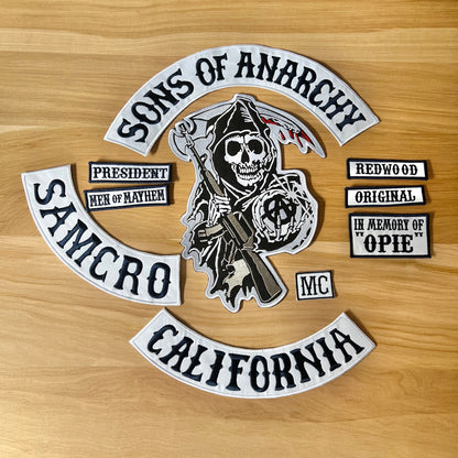 Sons Of Anarchy Jax Teller Leather Vest Embroidered Patches Set Iron On Sew Badge DIY Prop Costume Uniform Samcro SOA Men Of Mayhem MC Opie