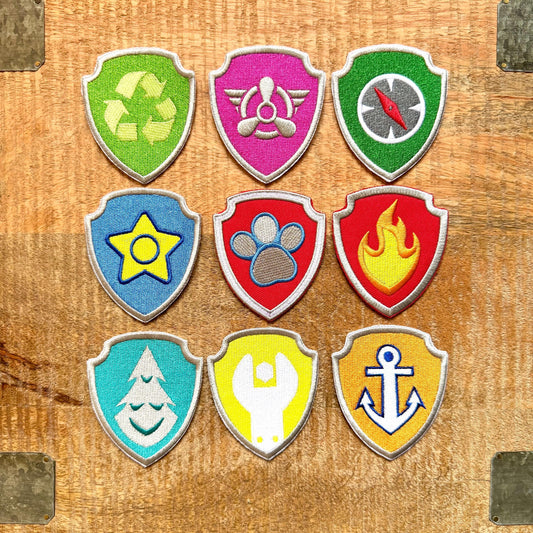 Paw Patrol Shields Embroidered Iron On Sew Patch Badge DIY Costume Prop Police Fire Pilot Kid Recycling Construction Water Rescue Jungle Bay